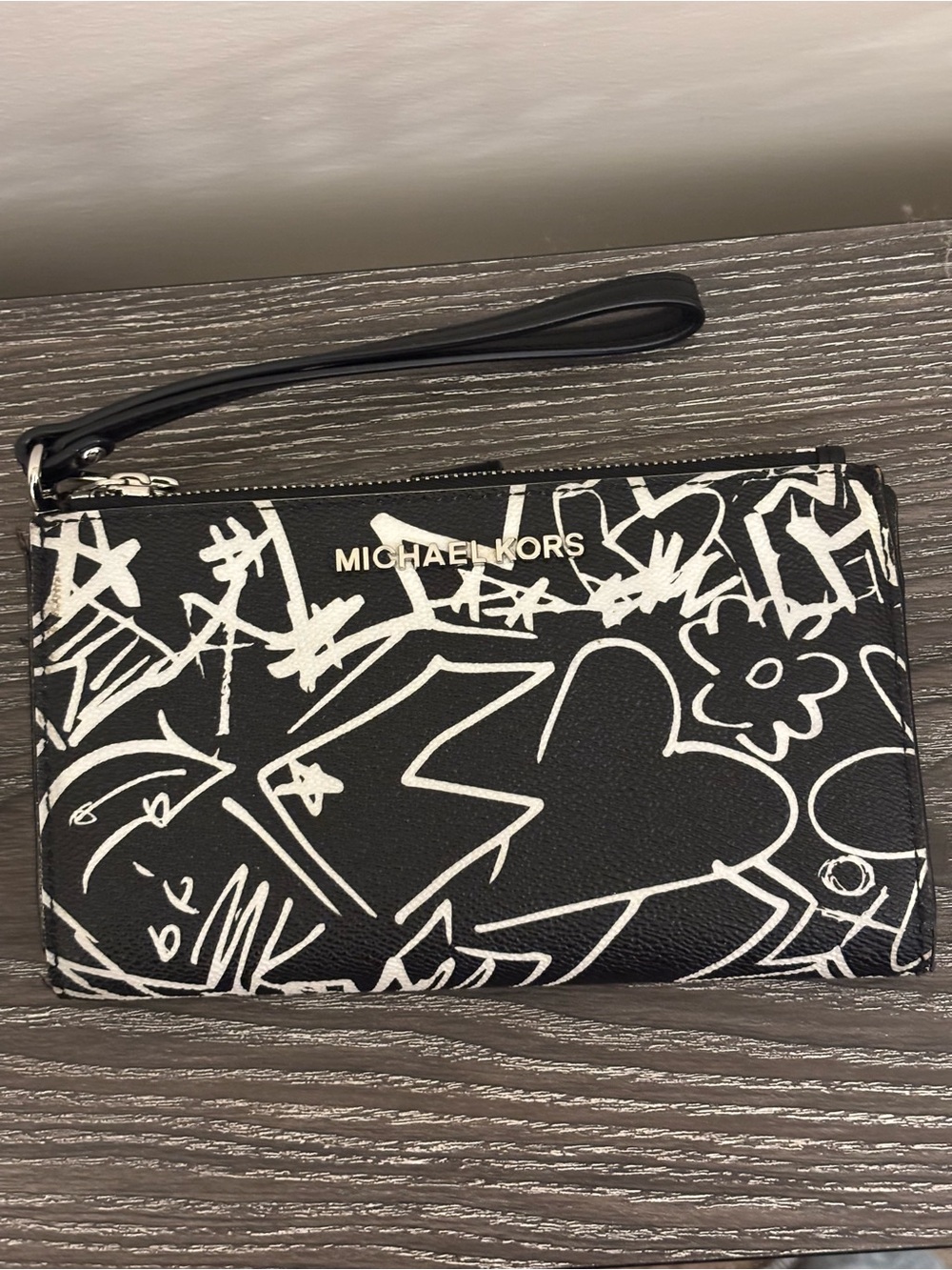 Michael Kors Graffiti Print Double Zip Wristlet Wallet Phone Holder Black White - Picture 6 of 16